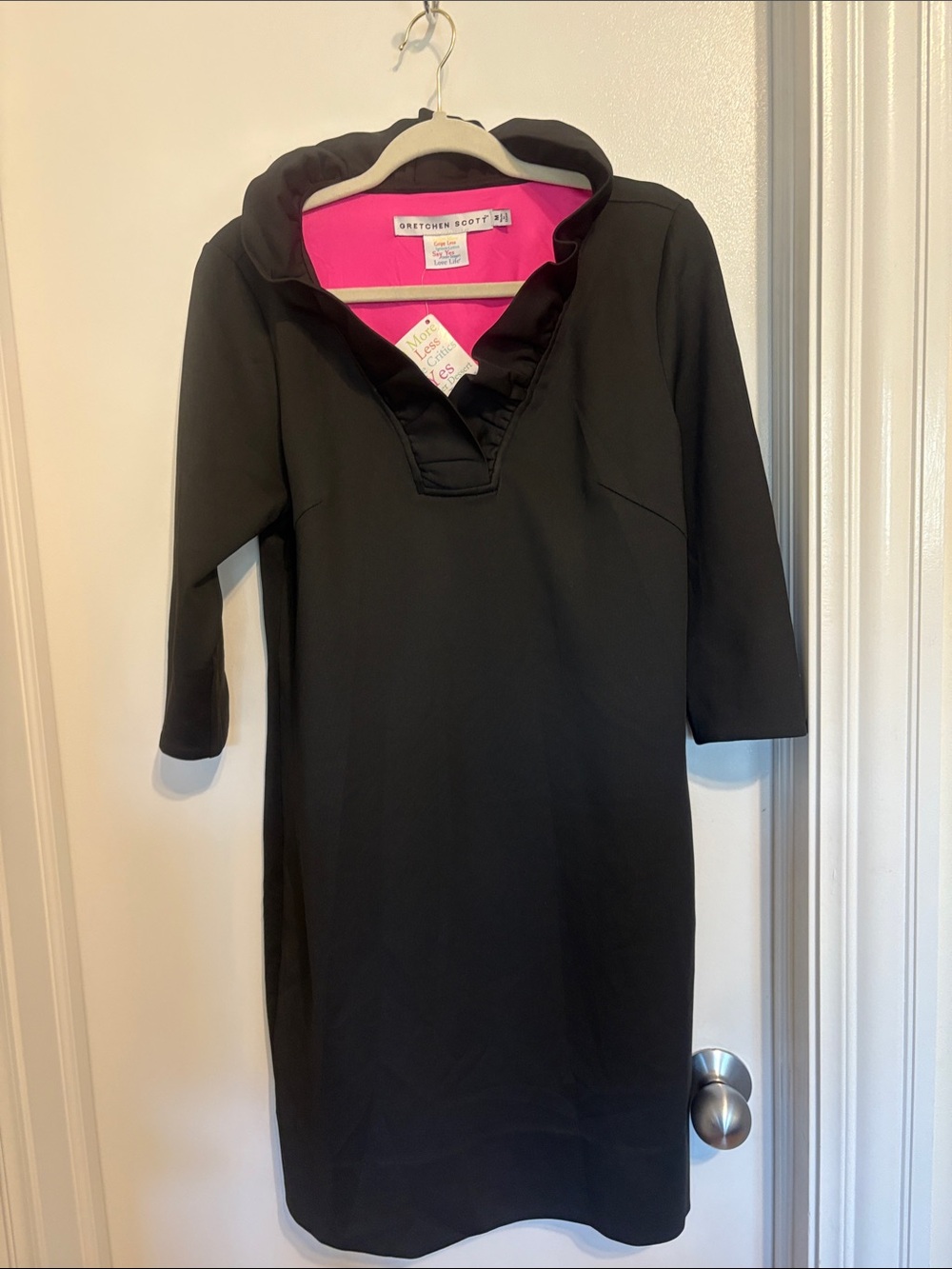 Gretchen Scott Designs Ruffneck Black Midi Collared Dress with Pink Lining NWT